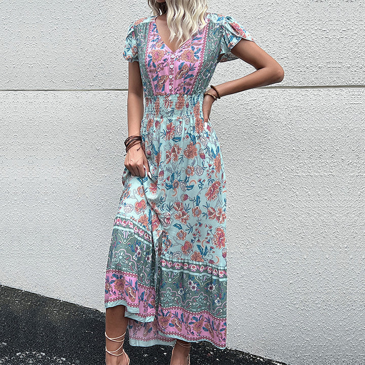 Dame Floral Maxi Kjole med rynket rem Stilla