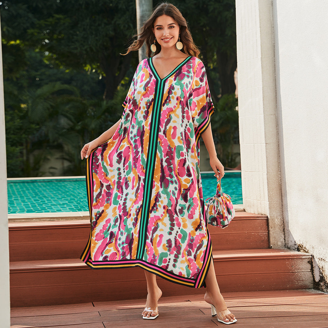 Dame Kaftan med livligt farvedesign og elegant V-udskæring Stilla