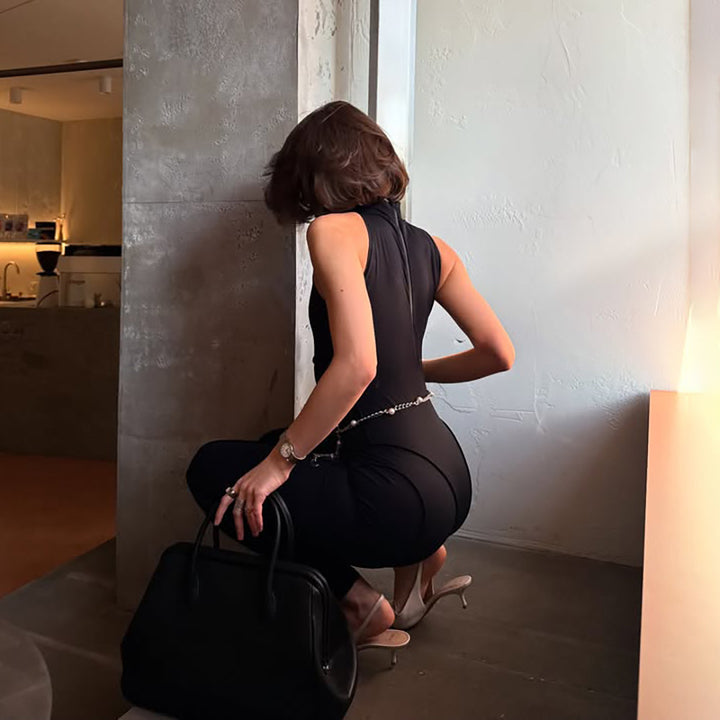 Dame Elegant Bodycon- jumpsuit med hjerteformet udskæring og høj krave Skovae