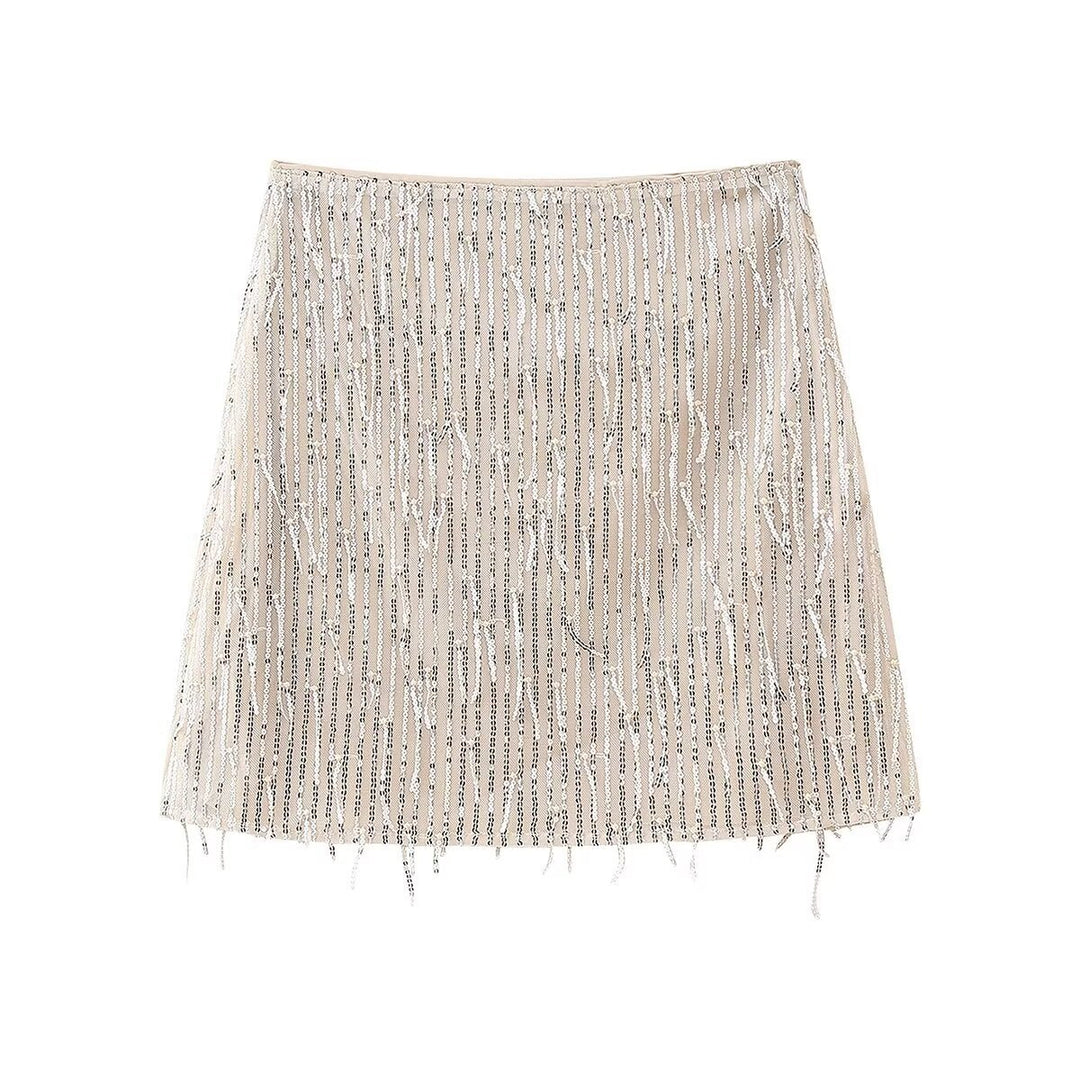 Dame Glitter Mini Skirt med iøjnefaldende Frynse Design Skovae