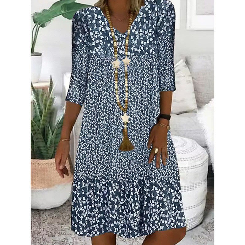 Stilla | Elegant Print Trekvartærmet V-Hals Midi Kjole