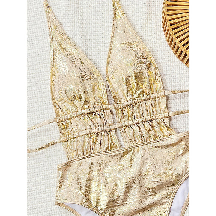 Dame one-piece svømmedragt med dyb V-hals og shimmer-effekt Skovae