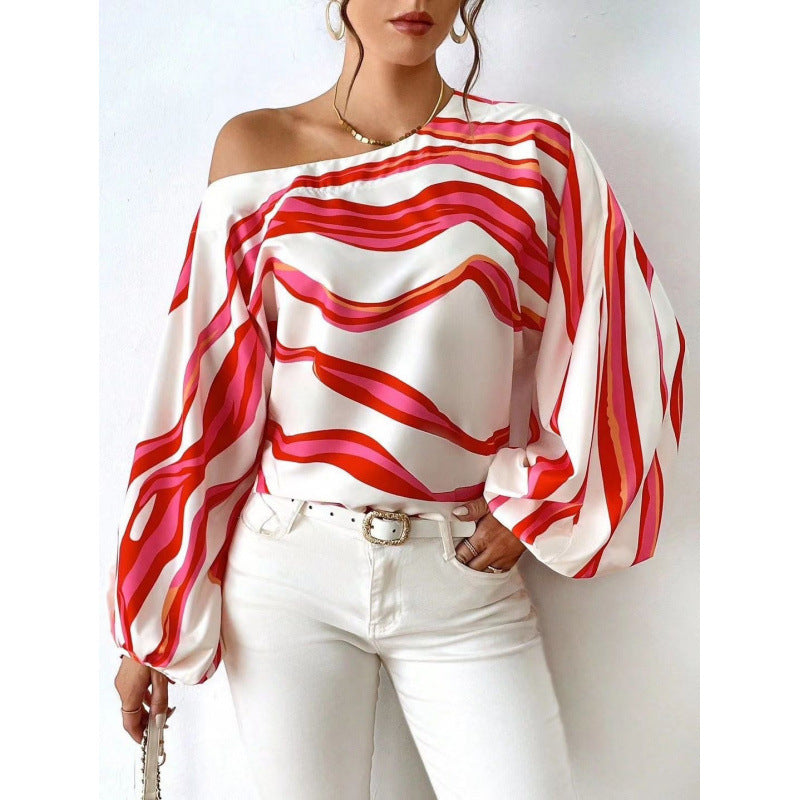 Dame Off-Shoulder Bluse med kunstnerisk mønster og voluminøse ærmer Skovae