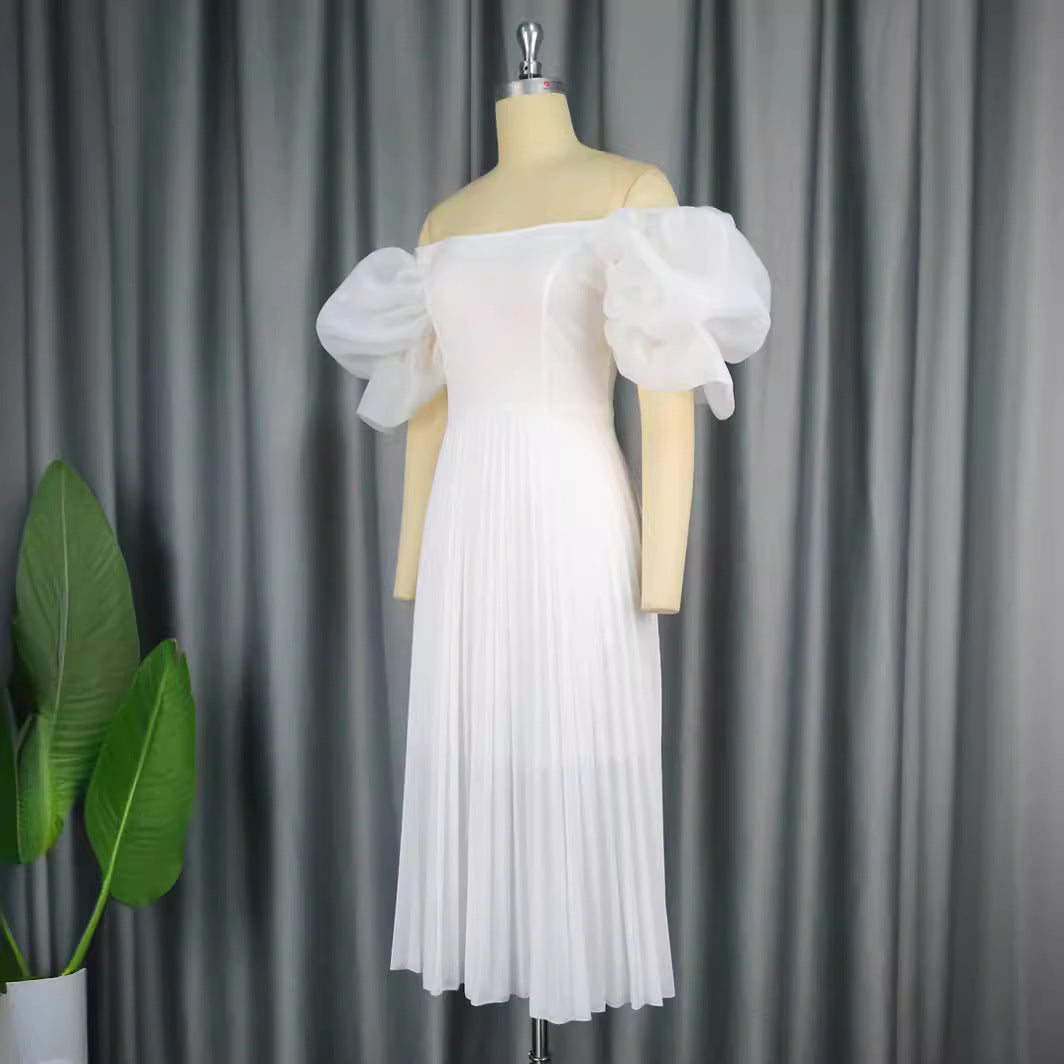 Dame elegant midi kjole med puffærmer og plisseret skørt Skovae