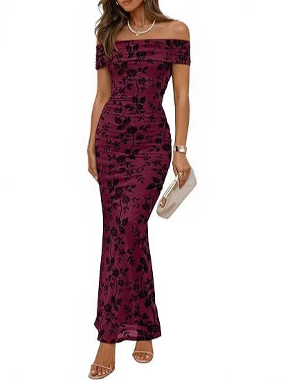 Dame elegant off-shoulder maxikjole med blomsterprint og elastisk indlæg Skovae