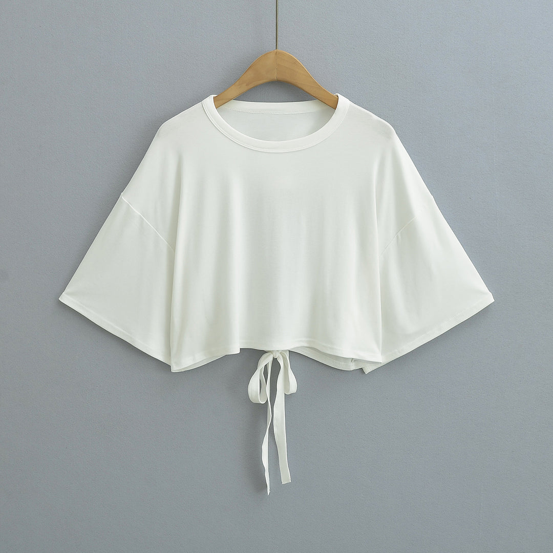 Dame cropped T-shirt med afslappet snit og bundet detalje Stilla