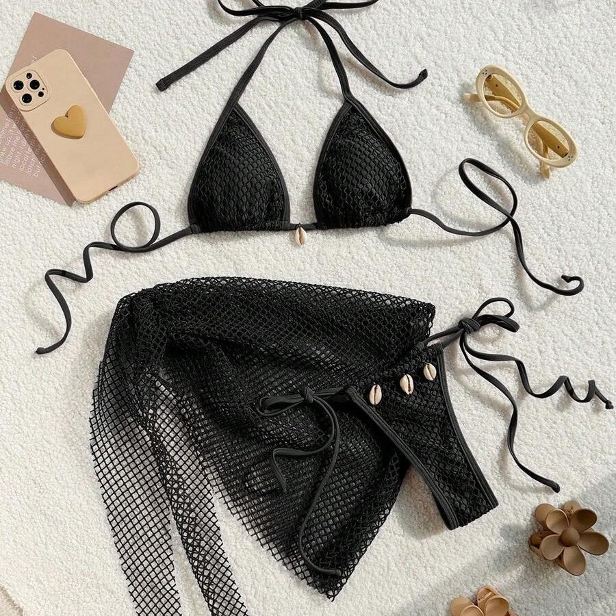 Dame bikini-set med eksklusiv netdesign og muslingedetaljer Stilla