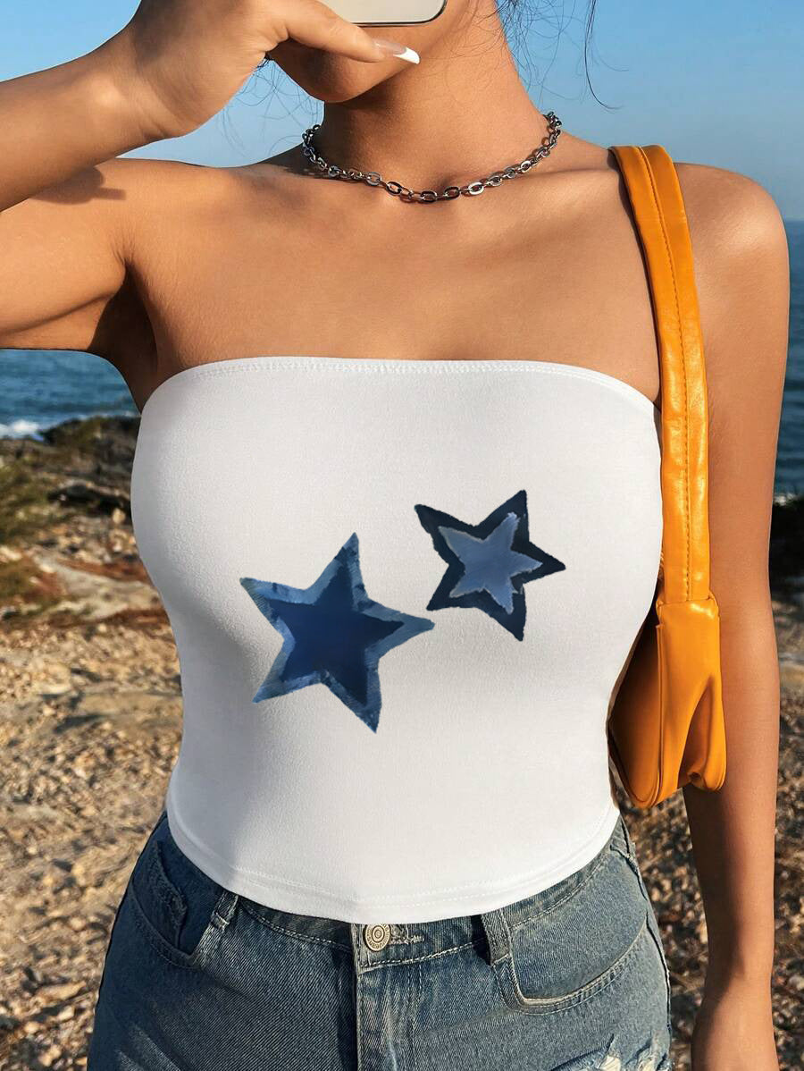 Dame Bandeau-top med maritimt motiv og elastisk materiale Skovae