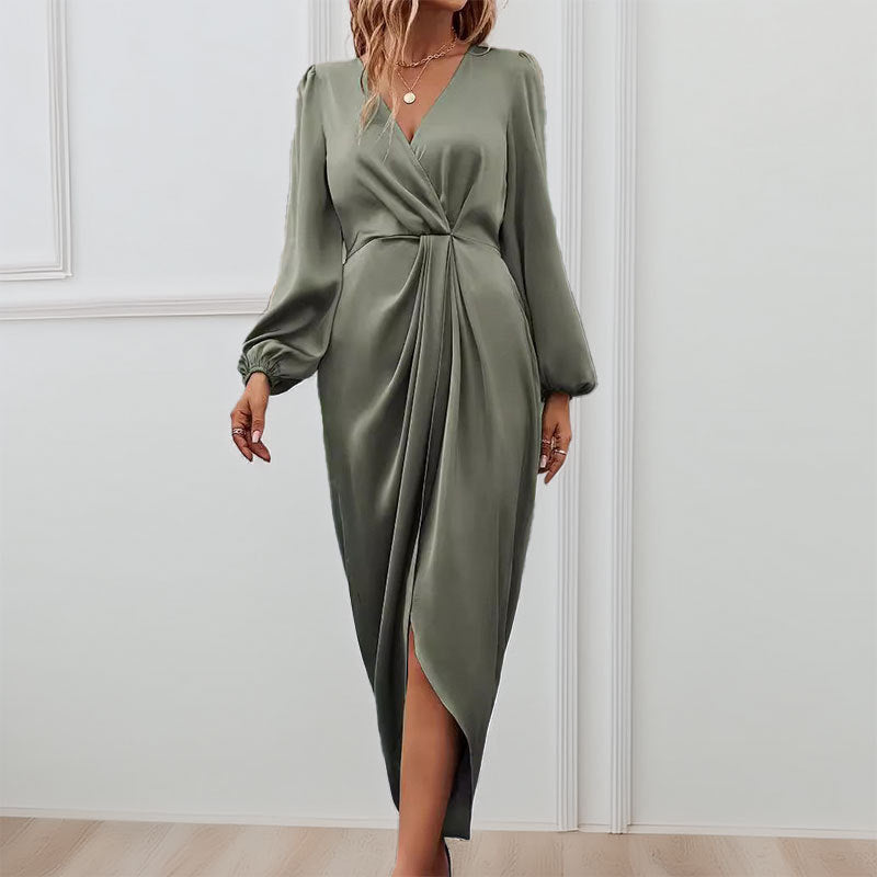Dame elegant maxikjole med dyb V-udskæring og oversized ærmer Stilla
