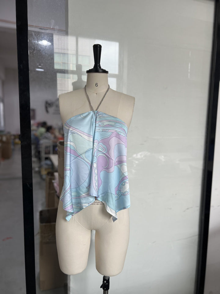 Damer asymmetrisk chiffon-top med blomster mønstre Skovae