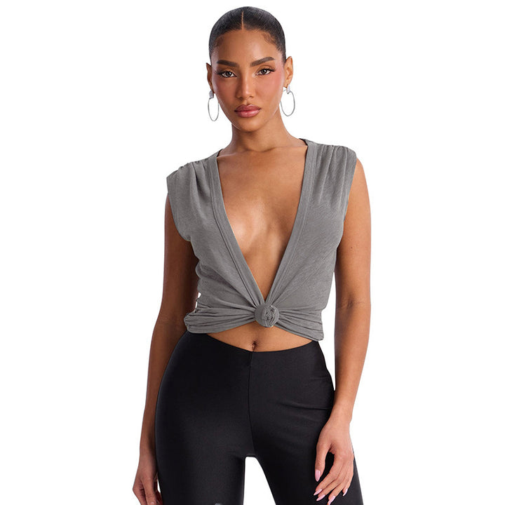 Damen Stylishes Wickeloberteil mit tiefem V-Ausschnitt und Knoten-Detail Skovae