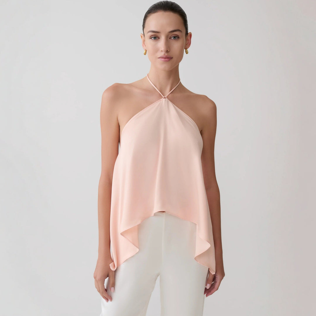 Dame Halterneck-Top i flydende chiffon med asymmetrisk kant Skovae