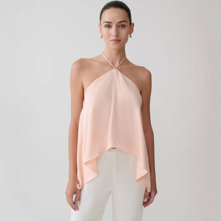 Dame Halterneck-Top i flydende chiffon med asymmetrisk kant Skovae