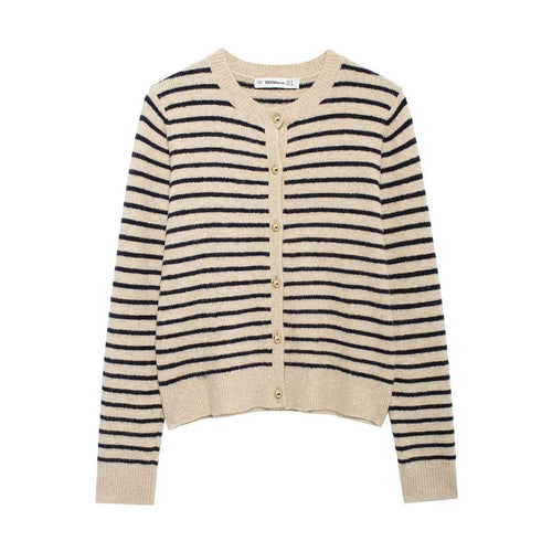 Femme Stribet Knap-Op Strikcardigan Stilla