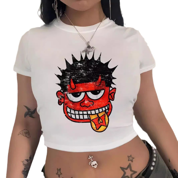 Dame Crop-T-Shirt med kreativt comic-motiv Skovae