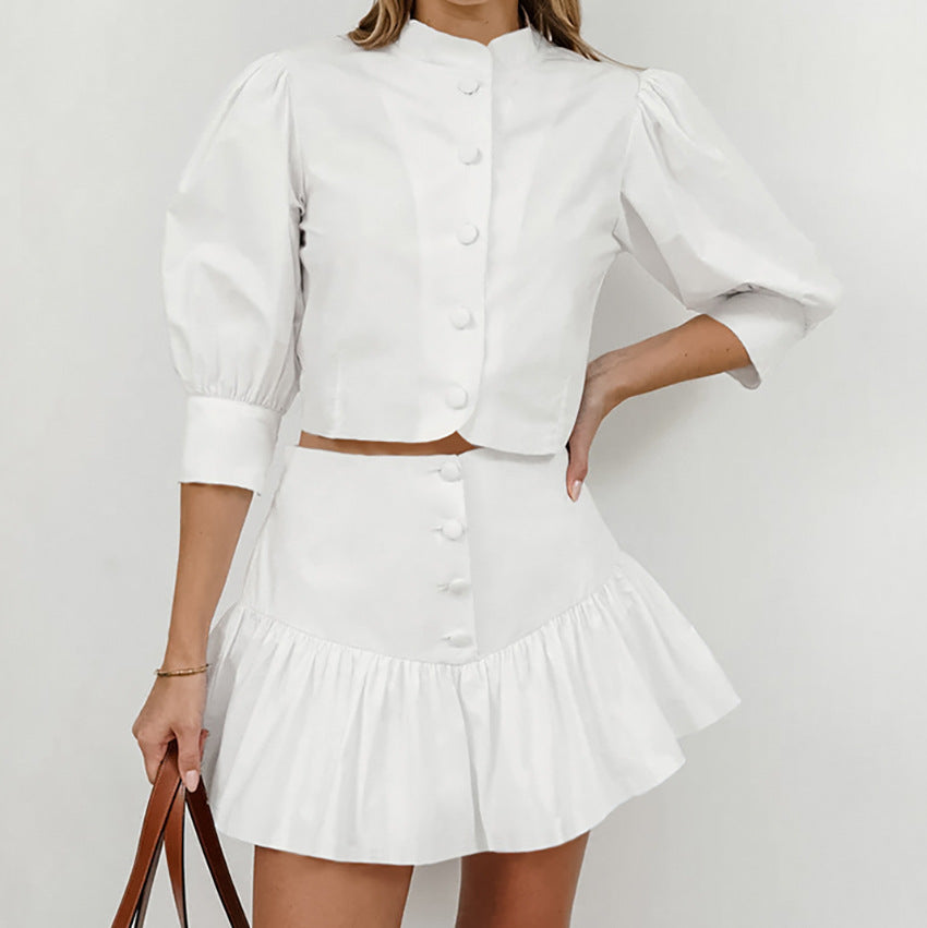 Dame sæt med cropped blazer og flæsekorte Stilla