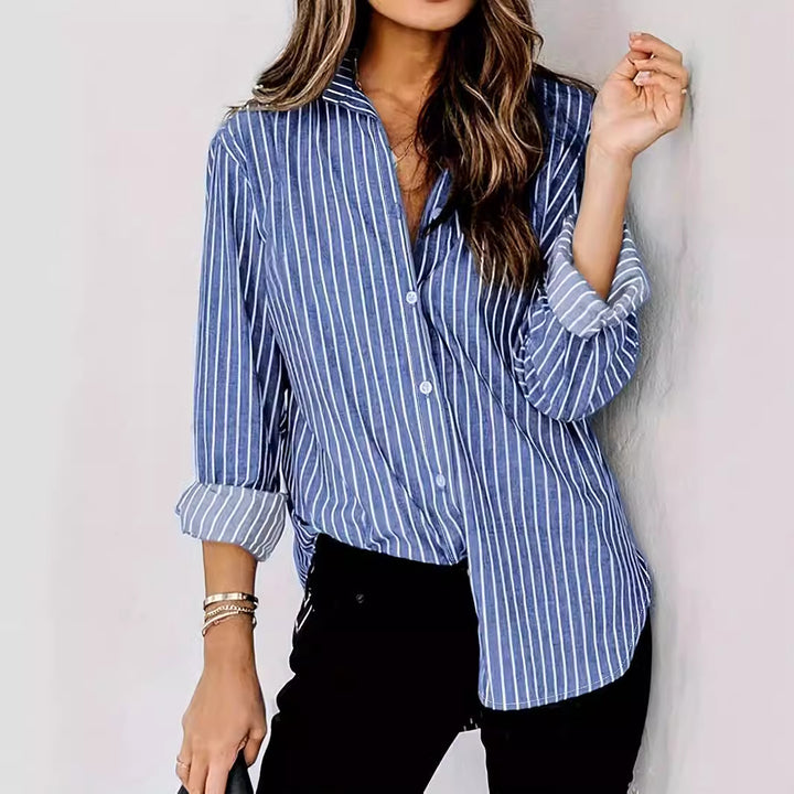 Dame elegant stribet blouse med klassisk krave Stilla