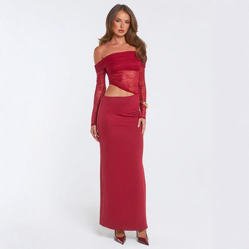 Dame elegant off-shoulder maxikjole med asymmetrisk snit og gennemsigtig spids Skovae