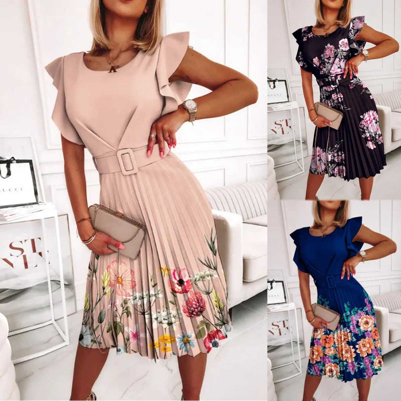 Dame Midi Kjole med folder og floral accent samt figursyet bælte Stilla