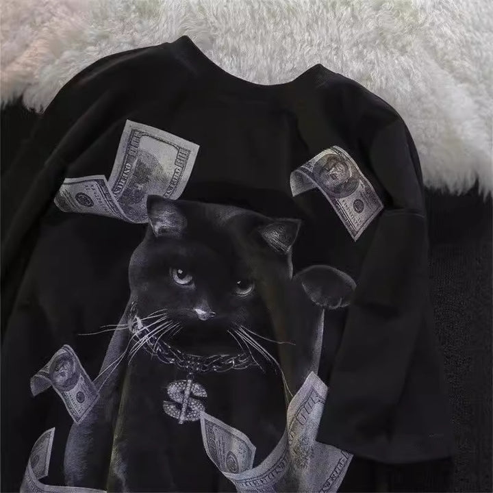 Dame T-shirt med kreativt kattemotiv og eksklusivt penge-design Stilla