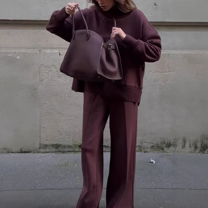 Dame Elegant Strik Sæt med brede Bukser og afslappet Sweater Stiila