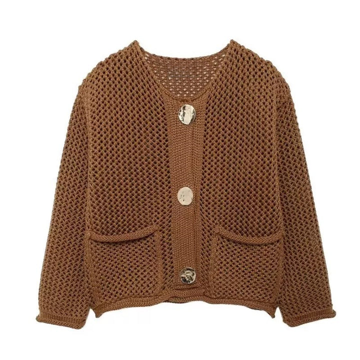 Kvinders cardigan med mesh struktur og store knapdetaljer Stilla