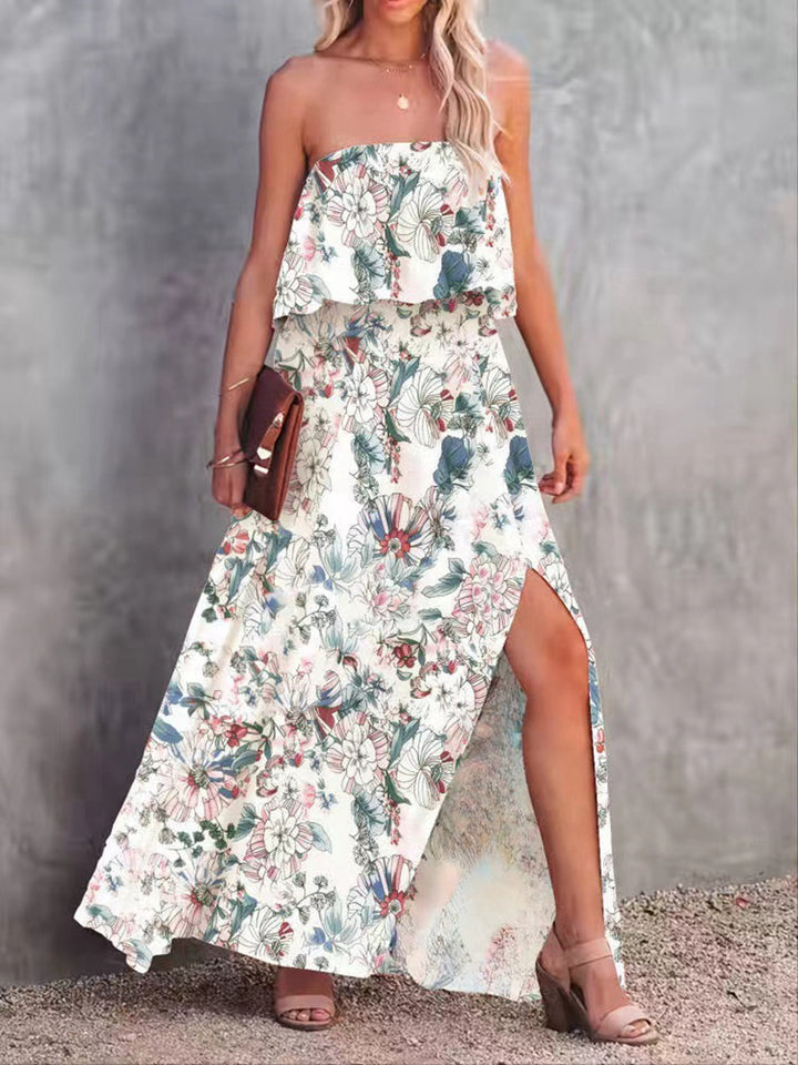 Kvinder Strapless Floral Maxi Kjole med Side Slids Stilla