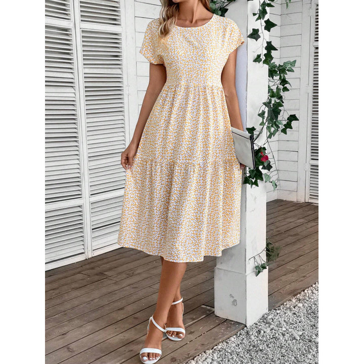 Damer Floral Print Midi Kjole med korte ærmer Stilla