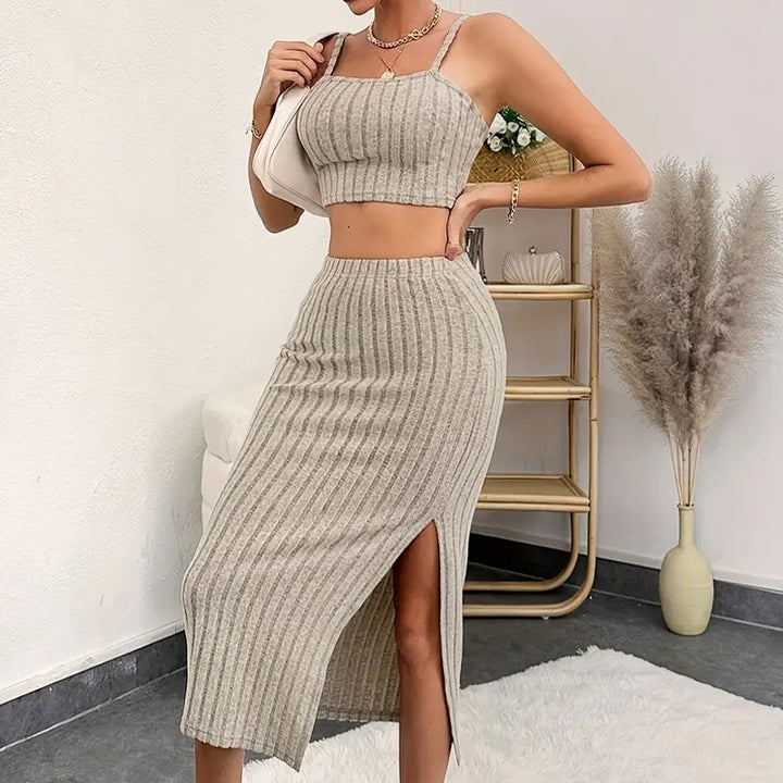 Dame Strik Crop-Top og Midi-Nederdel Sæt Stilla