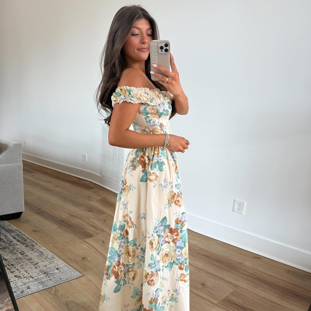 Kvinder Off-Shoulder Maxi Kjole med Blomsteraccenter og Samlet Top
