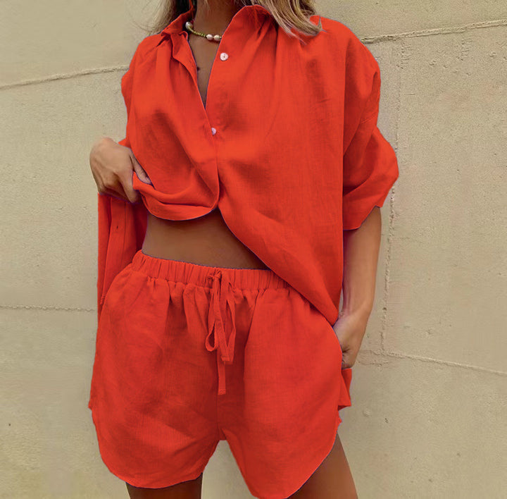Dame afslappet linned top med shorts Stilla