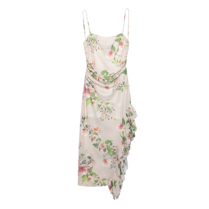Femme Draped Floral Maxi Kjole med asymmetrisk Volangkant Stilla