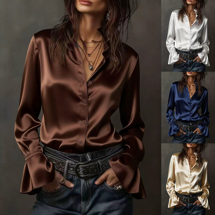 Dame Elegant silke bluse med rynker ved ærmerne Skovae