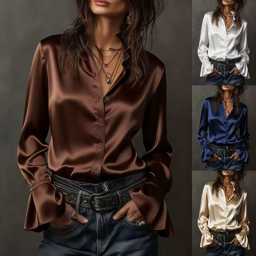 Dame Elegant silke bluse med rynker ved ærmerne Skovae