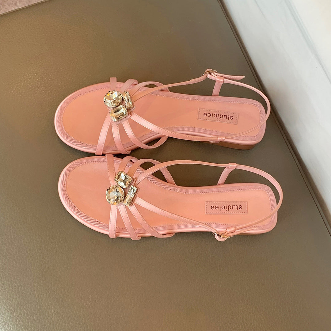 Dame Riemchen Flade Slide Sandaler med dekorative Juwel Accenter Stilla