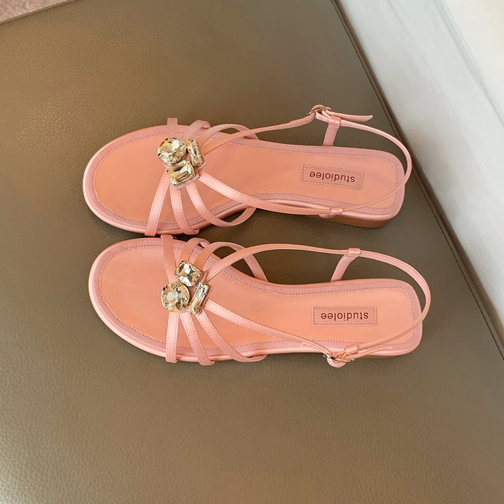 Dame Riemchen Flade Slide Sandaler med dekorative Juwel Accenter Stilla
