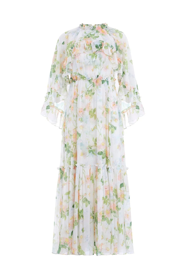 Dame lang, floral Maxikjole med flæsedetaljer Stilla
