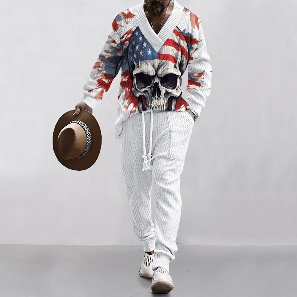 Herre casual kunsttrøje med unikt kranium-design og V-udskæring Stilla