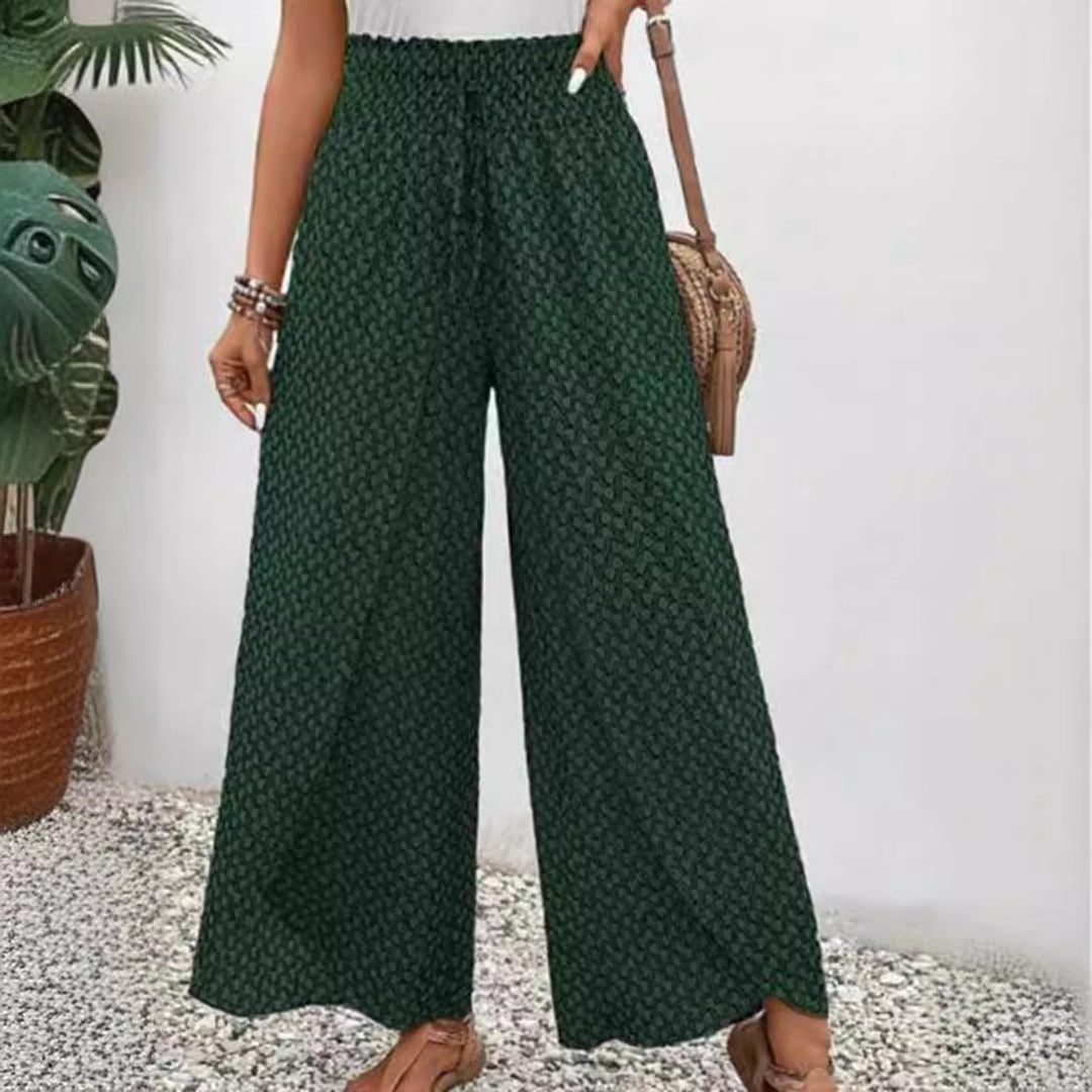 Dame nan vidde sommer-palazzo-bukser med rynket komfortbund, flydende benvidde og geometrisk allover mønster Skovae