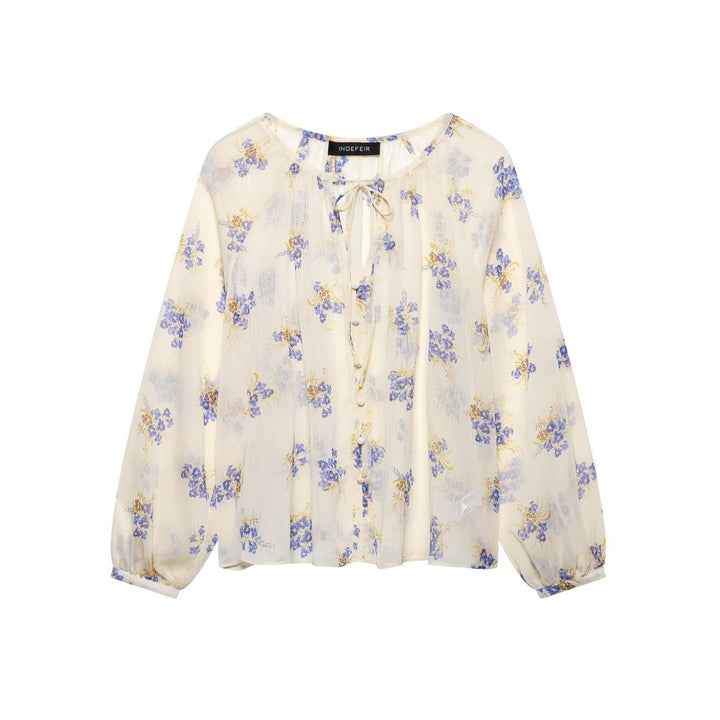 Femme Elegante Floral Print Bluse med Krawattenhalsdetalje Stilla