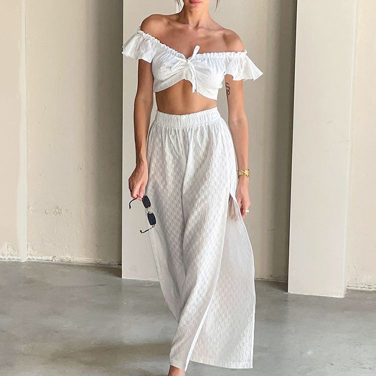 Dame sæt bestående af skulderfri crop-top og højt skåret maxiskørt Stilla