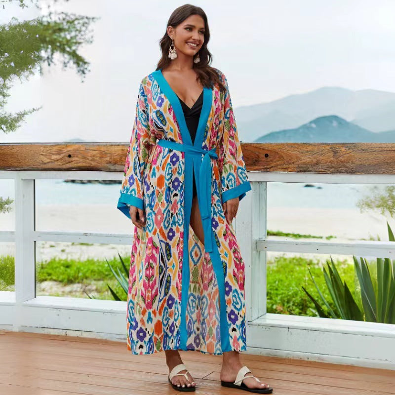 Dame Kimono-Style Strandovergangsrobe med kunstnerisk mønstermix Stilla