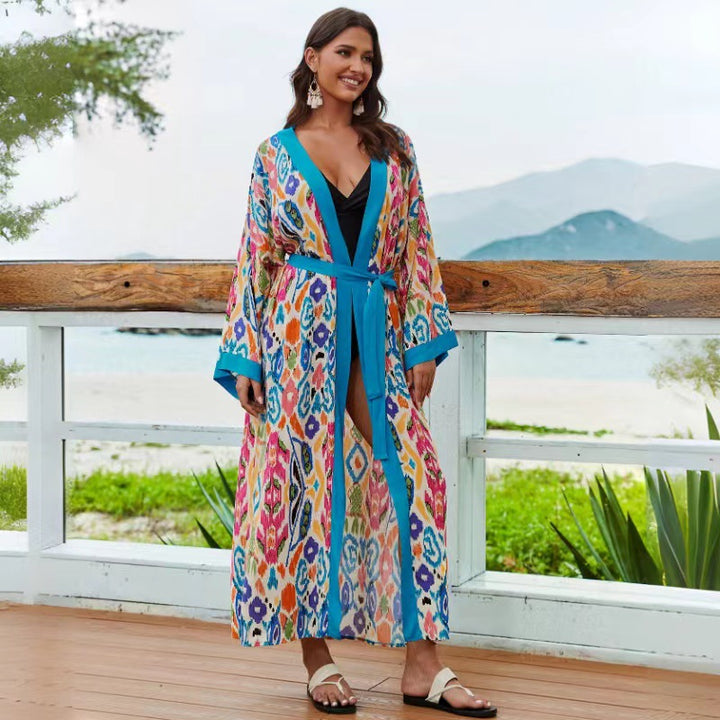 Dame Kimono-Style Strandovergangsrobe med kunstnerisk mønstermix Stilla