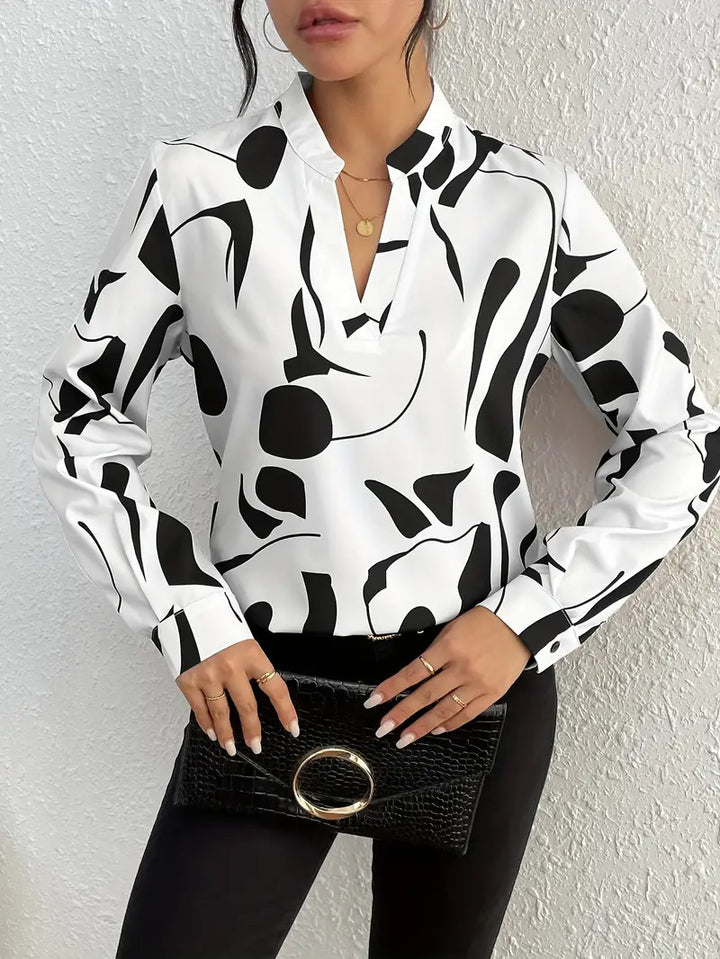 Dame Mode Bluse med grafisk design og fin stående krave Stilla