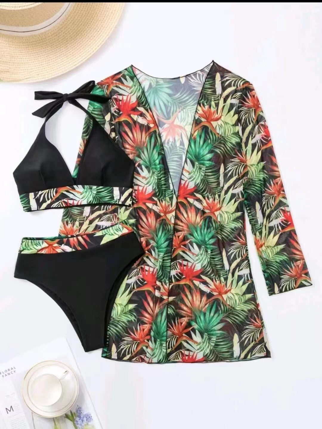 Dame bikiniset med blomster kaftan Stilla