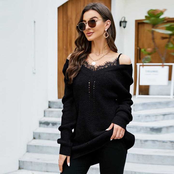 Dame Off-Shoulder Strikpullover med dekorativ hulmønstring Stilla