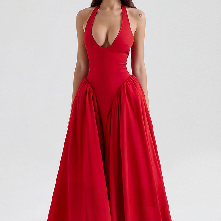 Damer Elegant Maxi Kjole med Dyb V-Hals og Flowende Nederdel Stilla