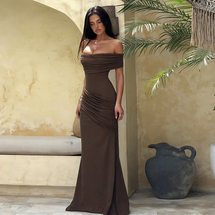 Dame Off-Shoulder Maxi Kjole med Elegant Drapering Skovae
