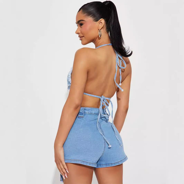 Dame højtskårne denim-shorts med stilfuldt cargo-design og frynsede elementer Stilla