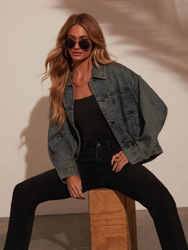 Dame Oversized Denim-jakke i afslappet snit med praktiske lommer Stilla